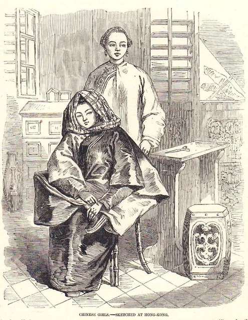 HONG KONG ANTIQUE PRINT, CHARLES WIRGMAN / Chinese Girls Sketched at Hong-Kong