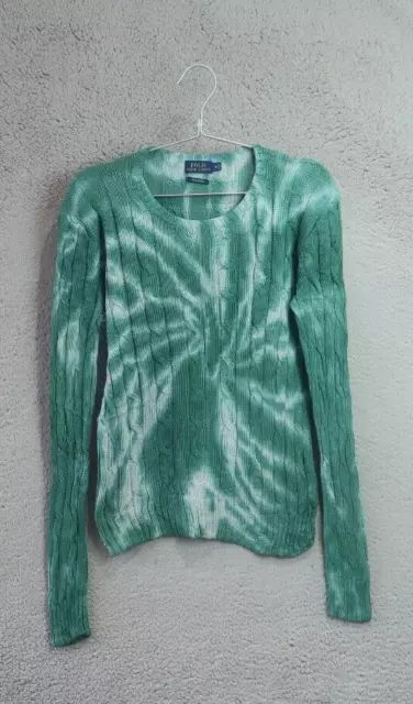 Polo Ralph Lauren Jumper Women Medium Green Tie Dye Crew Neck Cable Knit Sweater