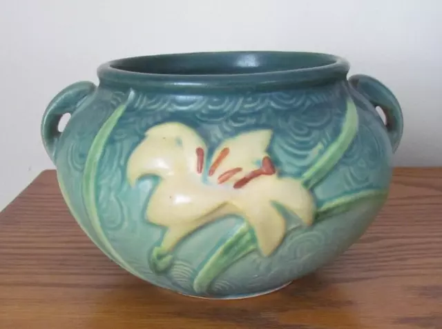 Vintage 1940s Roseville Pottery Green Zephyr Jardiniere Lily #671-4