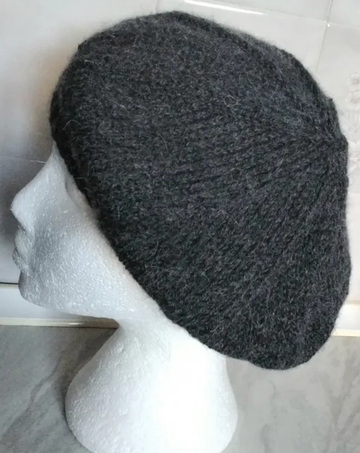 Beret Ladies Hat Alpaca/wool Hand Knitted New Charcoal Grey Mix  Star Pattern