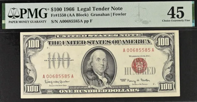 1966 $100 Legal Tender PMG 45 wanted extremely-fine red seal US Note Fr 1550