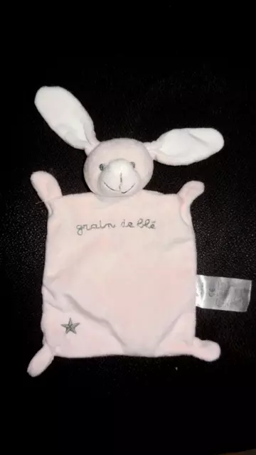 128/ doudou plat lapin rose étoile gris GRAIN DE BLE - état NEUF -