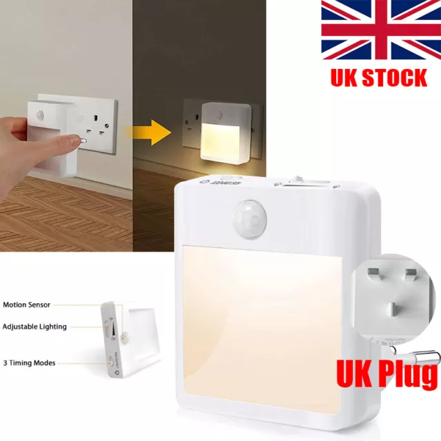 Plug In PIR Motion Sensor Safe Night Light Hallway Socket Warm White LED Home