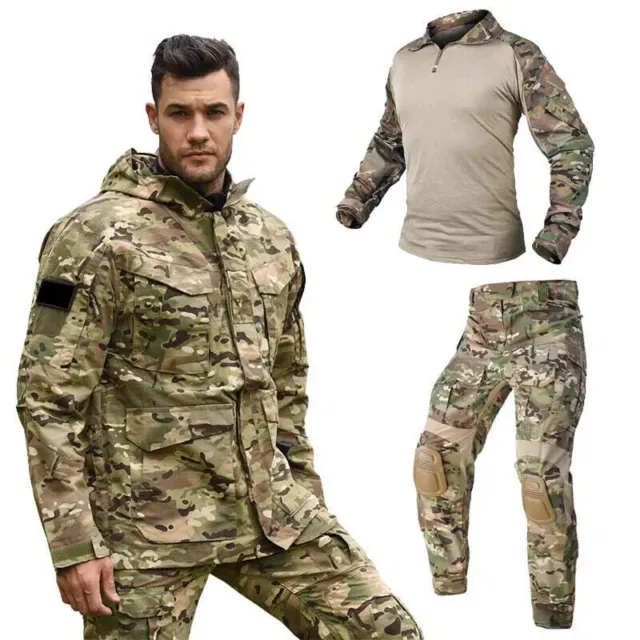 Men Outdoor Tactical Jacket+Pants+Shirt with Pad Hunting Hooded Coat Combat Suit