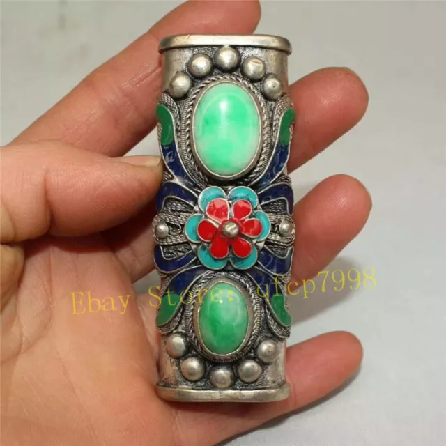 Collect old China copper silver plating Cloisonne inlay Jade Bead Lighter shell