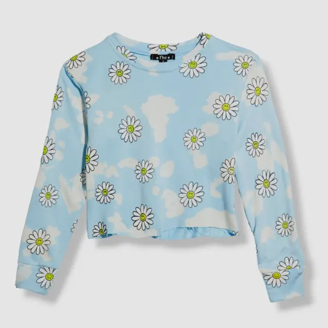 $78 Flowers by Zoe Girl's Blue Smiley Face Cropped Daisy T-Shirt Top Size Medium