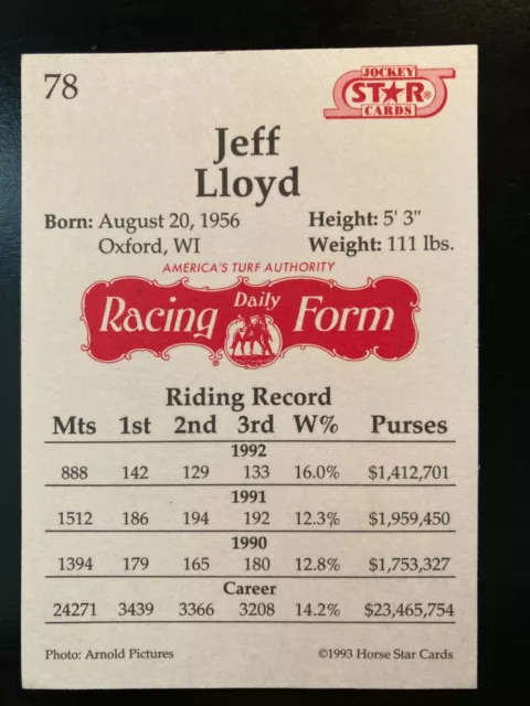 Jeff Lloyd signed trading card #78 Jockey Horse Racing 1993 Horse Star Cards 2