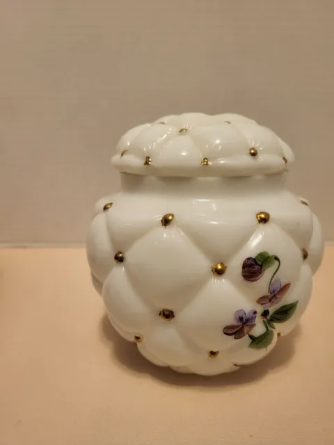 Consolidated Glass Con-Cora Regent Line Quilted Biscuit Jar Handpainted Violets 2