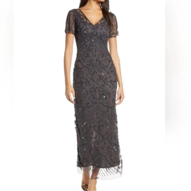 NWT Pisarro Nights New Slate Grey Beaded Short Sleeve Dress D-2063 Sz 6 Reg $238