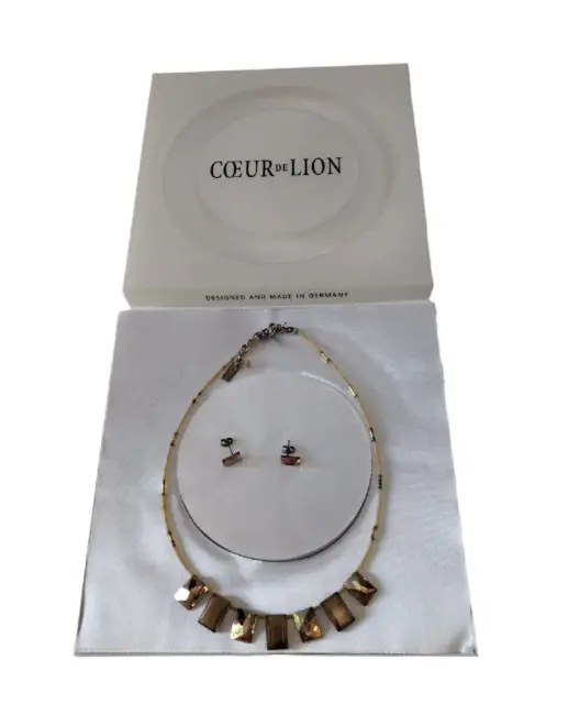 Coeur de Lion Stud Earrings and 16" Necklace Jewellery Set Golden Crystals Boxed