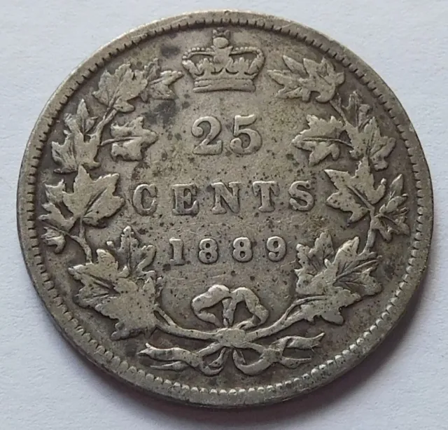 1889 Canada 25 Cents VG, Scarce Victoria Silver Canadian 25C Coin