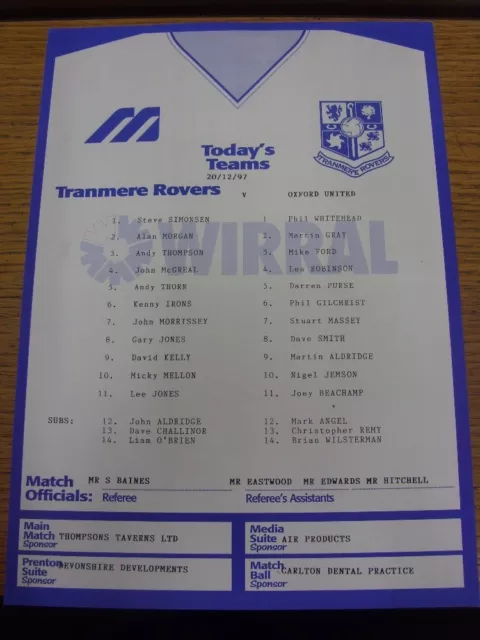 20/12/1997 Colour Teamsheet: Tranmere Rovers v Oxford United (folded). Thanks fo