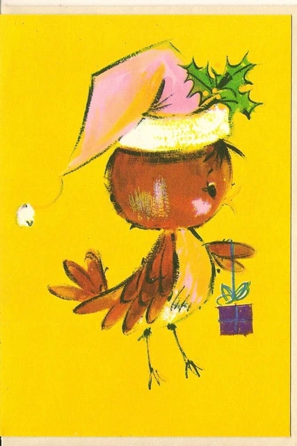Merry Christmas Vintage 1970's Greeting Card Happy Traditional Santa Robin Bird