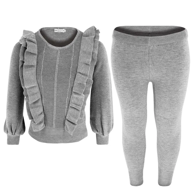 Girls Kids Lounge Set Grey Knitted Frill Lounge Wear Set  2 - 10 Years UK