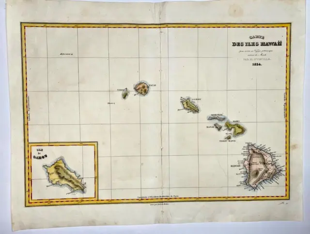 Hawaii 1834 Dumont D'urville Large Antique Map 19Th Century