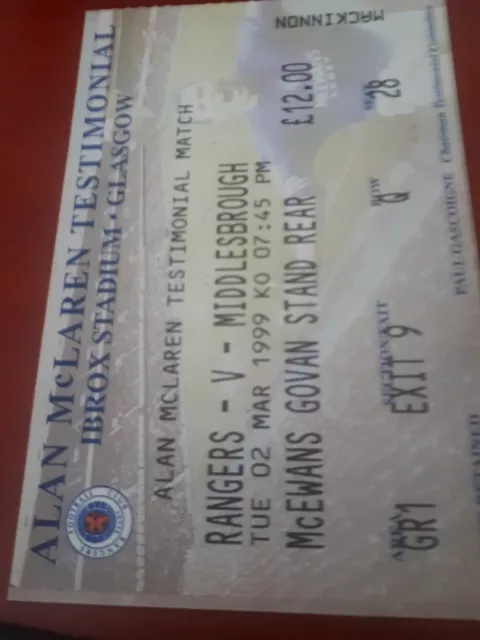 Rangers v Middlesbrough Mclaren Testimonial Ticket 2/3/99