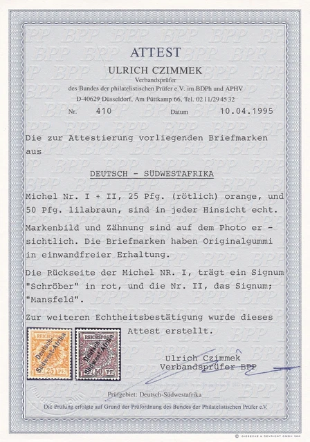 DSWA: MiNr. I und II, postfrisch einwandfrei, BPP Attest 3