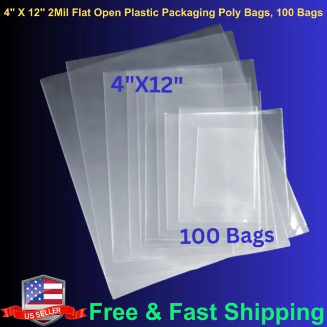 4" x 12" 100 Bags, 2Mil Flat Open Top Plastic Packaging LDPE Clear Poly Bags