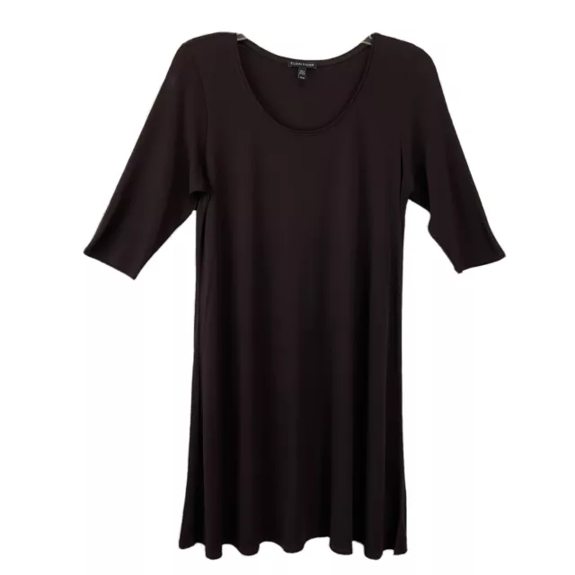 Eileen Fisher 100% Silk Tunic Shift Dress Brown Round Neck 3/4 Sleeve Slinky M