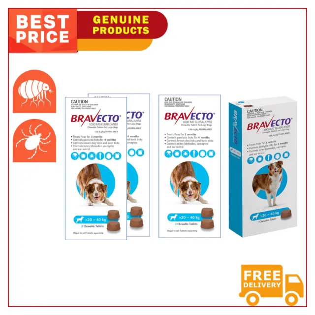 BRAVECTO BLUE 3 Months Flea and Tick Treatment 1,2,4 Chew for 20 to 40 Kg Dogs
