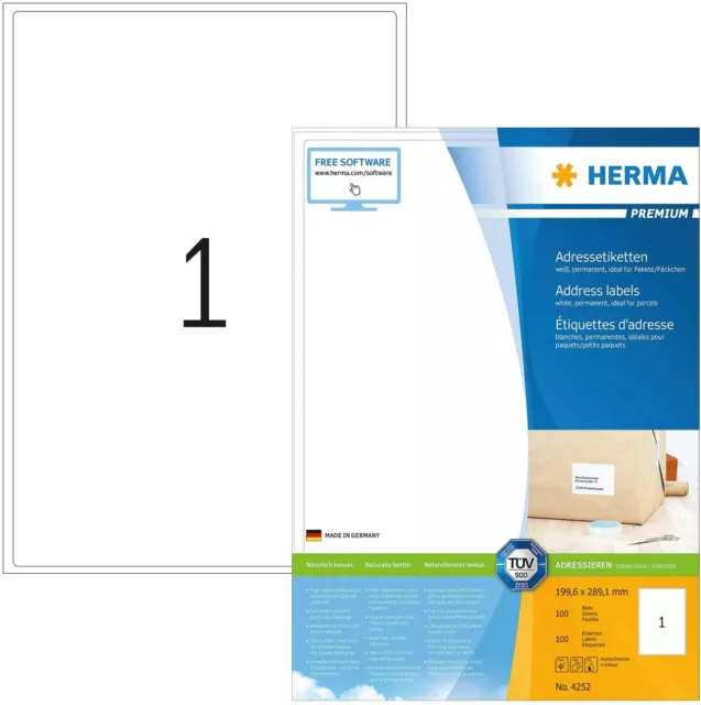 HERMA 4252 Universal Etiketten DIN A4 (199,6 x 289,1 mm, 100 Blatt, Papier, matt