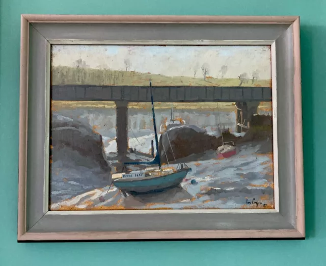 Ian Cryer original painting Picture Oil 1987 River Avon Bristol Boats Blue Grey