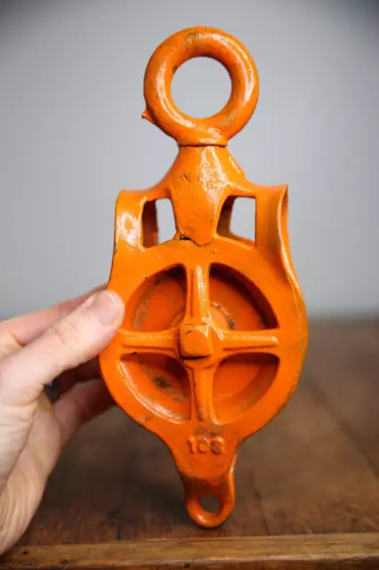 Vintage Cast Iron Pulley Industrial Barn Hay Carrier Trolley orange nautical