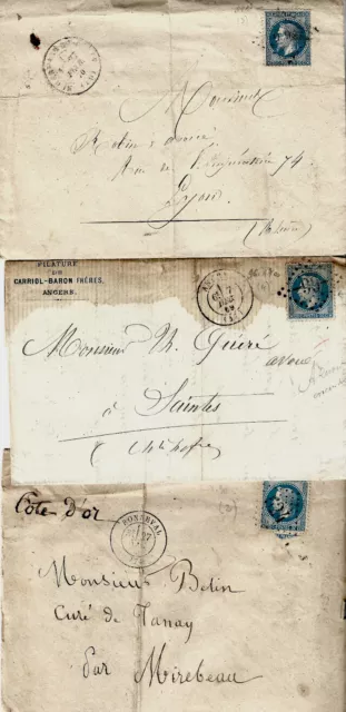 1869-1871 Lot enveloppes timbres cachets postaux Paris à Besançon Lyon Bonneval