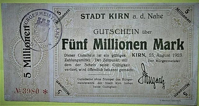 Geldschein  KIRN    Stadt  5 Millionen Mark  25 August 1923  Gutschein Notgeld