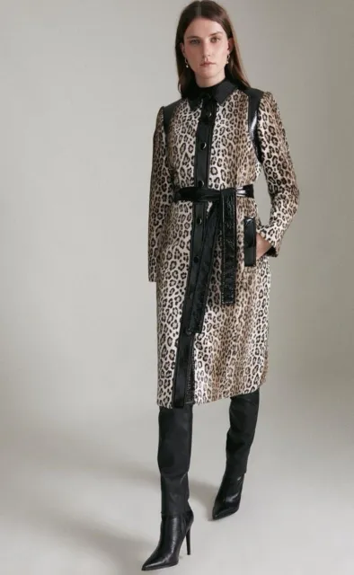 Karen MIllen faux fur leopard print trench coat, size 14