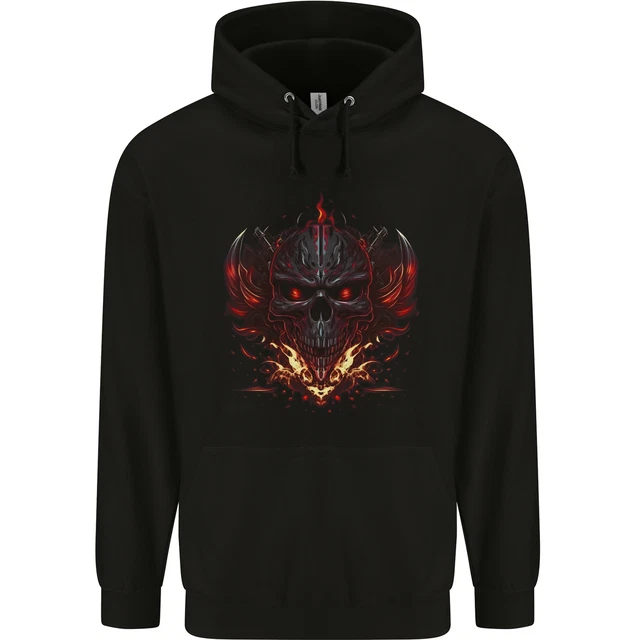 An Evil Flame Skull Biker Fantasy Heavy Metal Mens 80% Cotton Hoodie