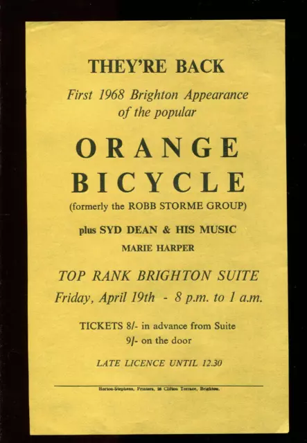 THE ORANGE BICYCLE  : original UK 1968 Gig Flyer : Brighton, Top Rank