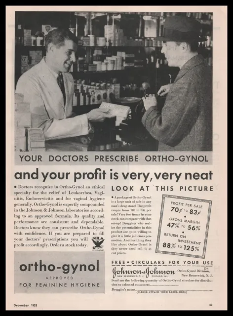 1933 Johnson & Johnson Ortho Gynol Vaginal Hygiene Store Photo Vintage Print Ad