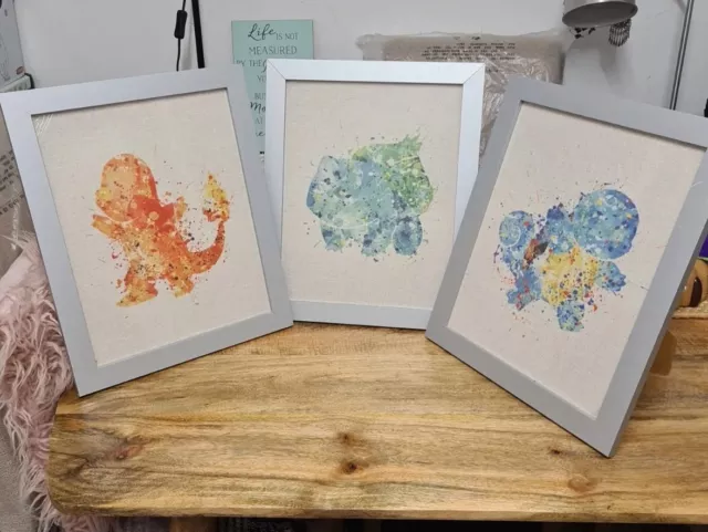 "Pokemon" ~ Watercolour Set Of 3 In Silver Frames Prints/Pictures Wall Art