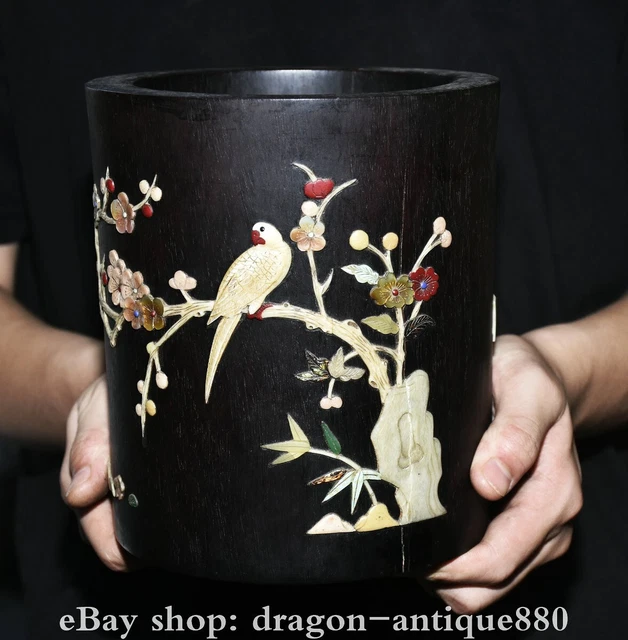 7.2” Old China Ebony Wood Shell Carving Flower Bird Pen container Brush pot