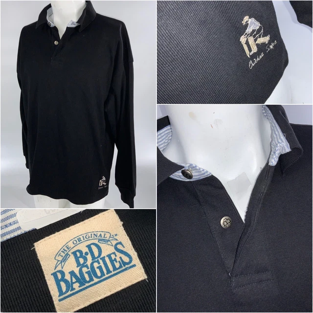 BD Baggies Cricket Rugby L/S Polo Shirt L Men Black Cotton Macau New YGI E3-259