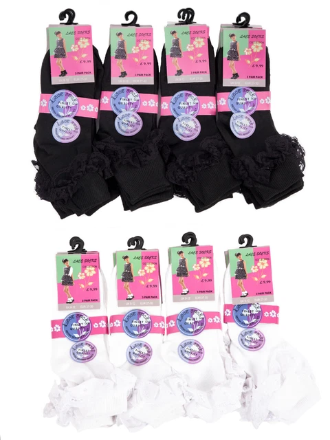 6, 12 Pairs Girls Kids Lace Frilly Ankle Cotton School Socks Black White UK Size