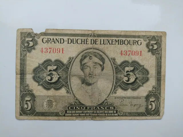 Luxembourg Lussemburgo 5 Francs Franchi 1944 Grand Duchè De Luxembourg