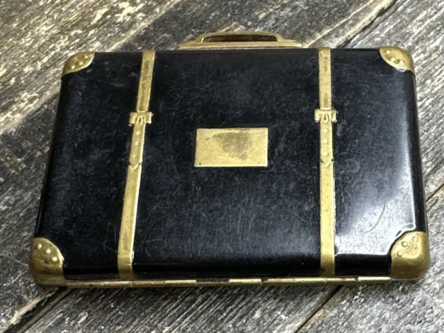 Vintage Black  Gold Tone Suitcase Makeup Powder Compact Estate Find