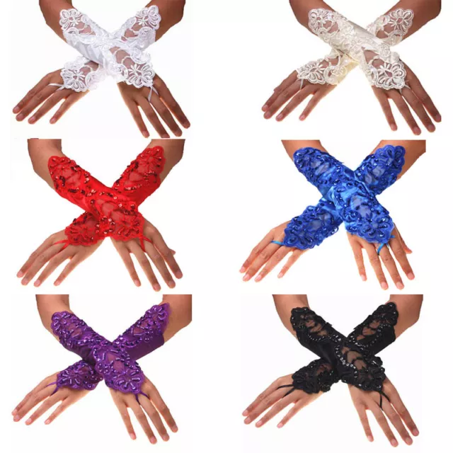 Women Lady Bride Wedding Party Fingerless Lace Satin Bridal Gloves US STOCK