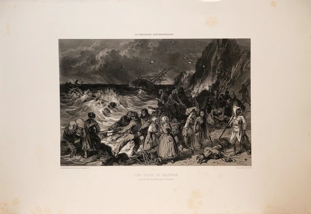 Lithographie originale Scène de naufrage sur la côte de Kerlouan Finistère 1864
