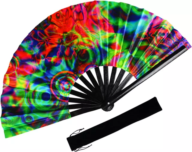 Large Rave Folding Fan - Foldable UV Glow Chinese Japanese Bamboo Hand Fan Clac