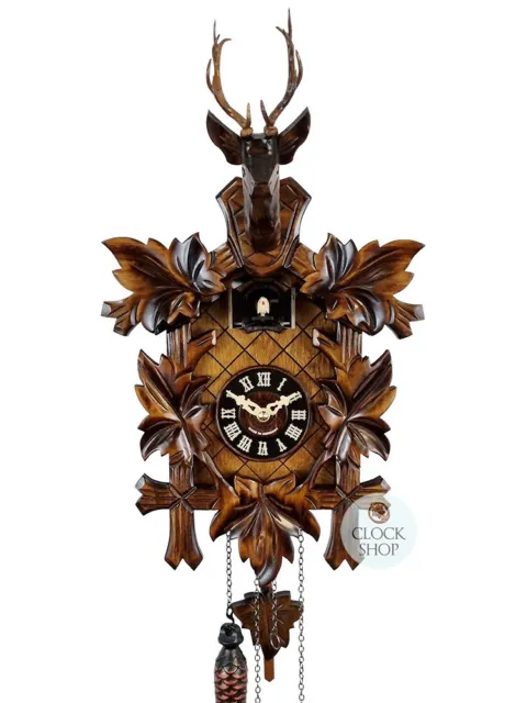 5 Leaf & Deer Battery Carved Cuckoo Clock 42cm By ENGSTLER