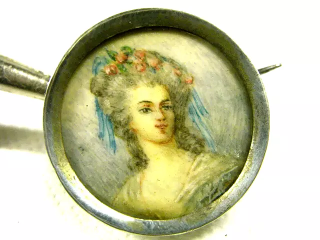 BROCHE ARGENT MASSIF PEINTURE MINIATURE ANCIEN PORTRAIT LADY 19 é BIJOUX JEWEL