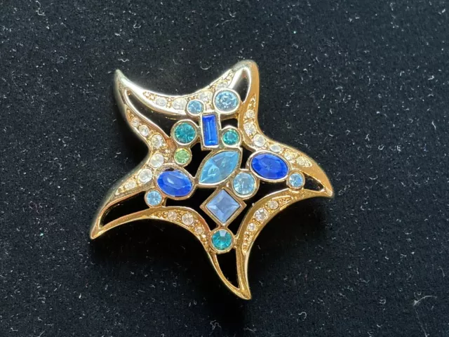 Vintage Signed Swarovski Swan Blue Rhinestone Gold Tone Starfish Brooch Pin