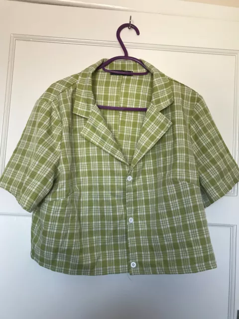 Blusa Camisa Ginham SHEIN Green Check Talla L Botones Collar Mezcla de Algodón