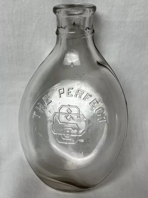 Antique Vtg Oval Glass Angled Neck Infant Nurser Baby Bottle 8oz "The Perfect"