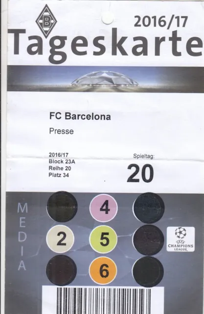 Ticket - Borussia Monchengladbach v Barcelona 2016/17 Media Pass UCL