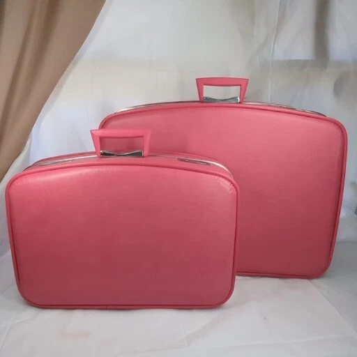 Pair VTG Atomic Era MCM Travel Suit Case Luggage 1950's Flamingo Pink Barbie