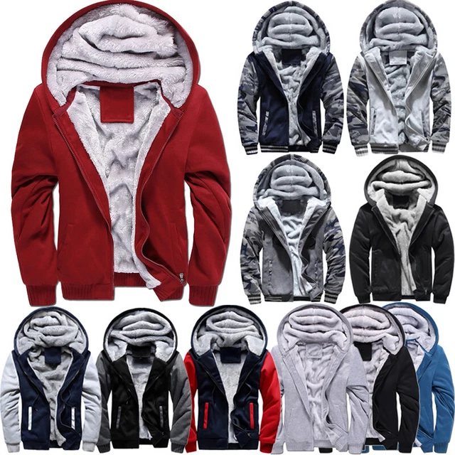 Men Winter Warm Sherpa Fleece Hoodie Zip UP Sweater Jacket Fur Lined Hooded Coat
